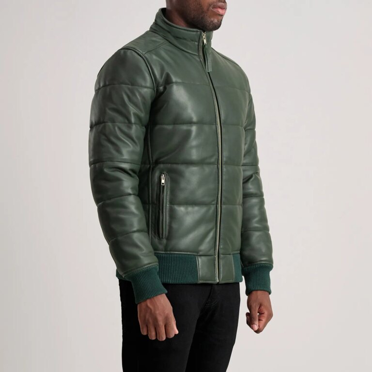 Mens Lucas Green Leather Puffer Bomber Jacket Side Pose-3-1733757822885